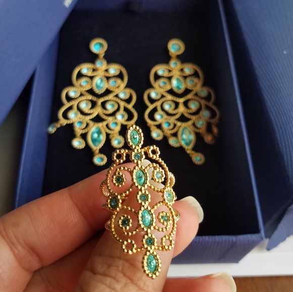 AUTHENTIC Swarovski 18k Gold Plated Azore Filigree Earrings & Ring SET - Picture 14 of 17